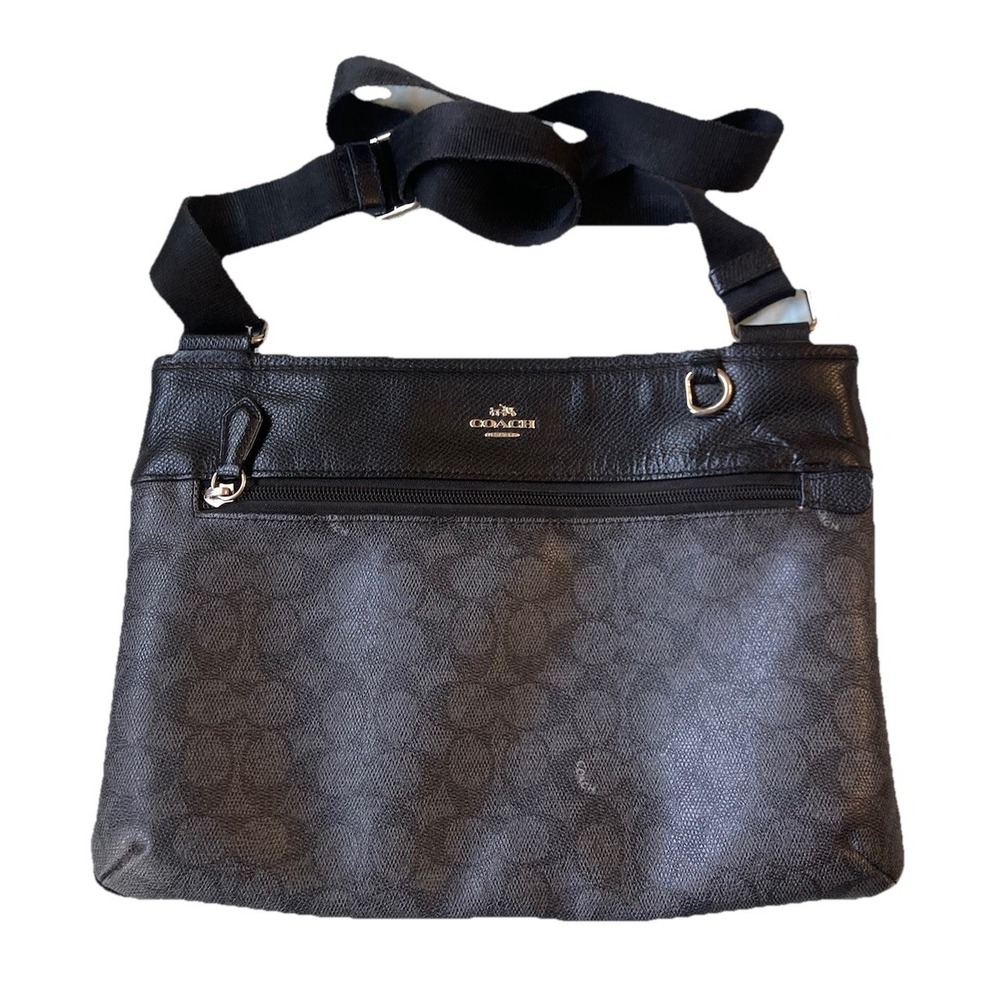 Coach Y2K Signature Monogram Crossbody File Bag Gray Black Zip Closure Silver